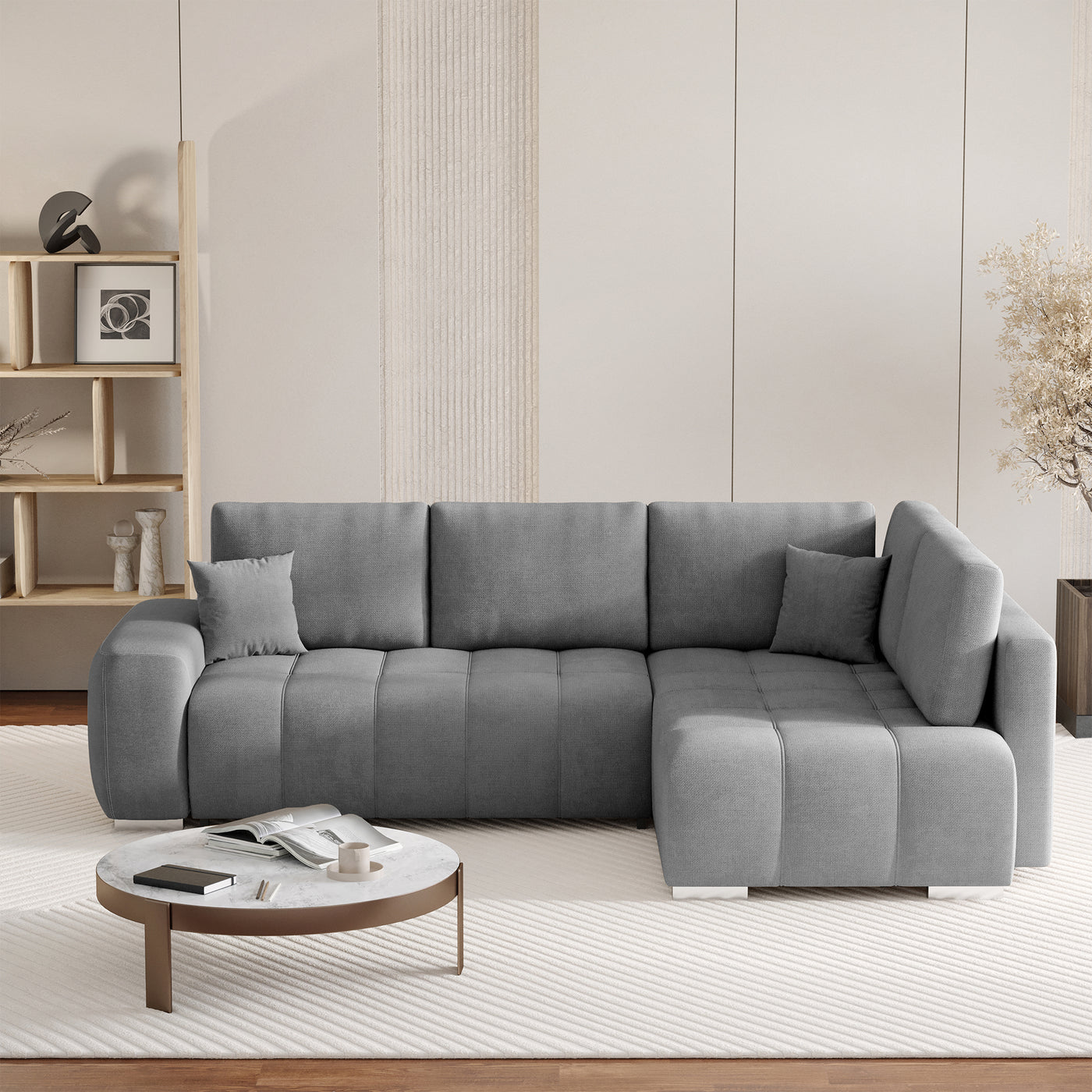 GYLIAN Canapé d'angle réversible et convertible avec coffre en tissu gris