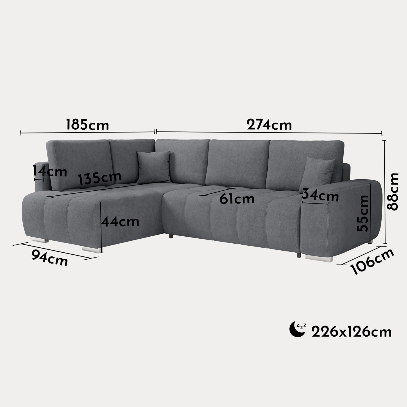 GYLIAN Canapé d'angle réversible et convertible avec coffre en tissu gris
