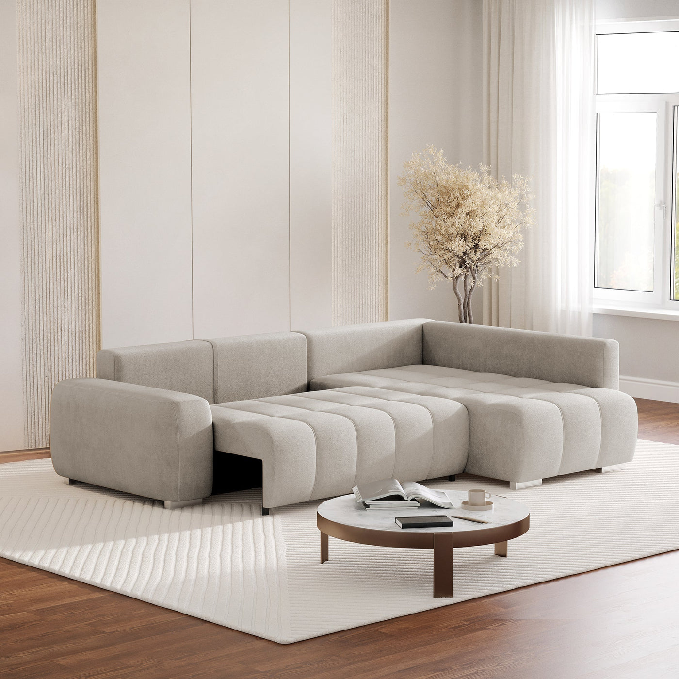 GYLIAN Canapé d'angle réversible et convertible avec coffre en tissu beige - Canapé d'angle convertible - Mobilier Deco