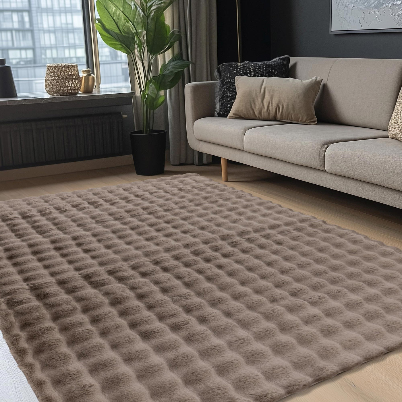 HARMONY Tapis en tissu doux à motif quadrillé taupe - 120x170 cm