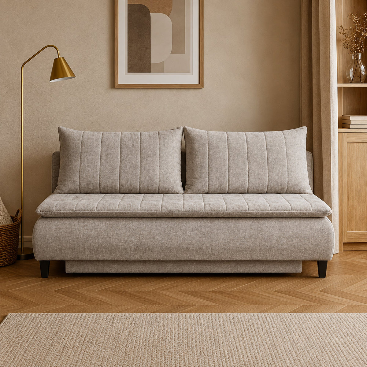 HARVEY Canapé 3 places convertible avec coffre en tissu taupe clair - Canapés convertibles - Mobilier Deco