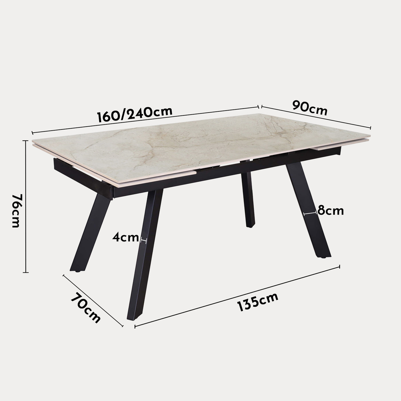 HERA Table extensible en pierre frittée beige pieds en métal noir 160-240 cm
