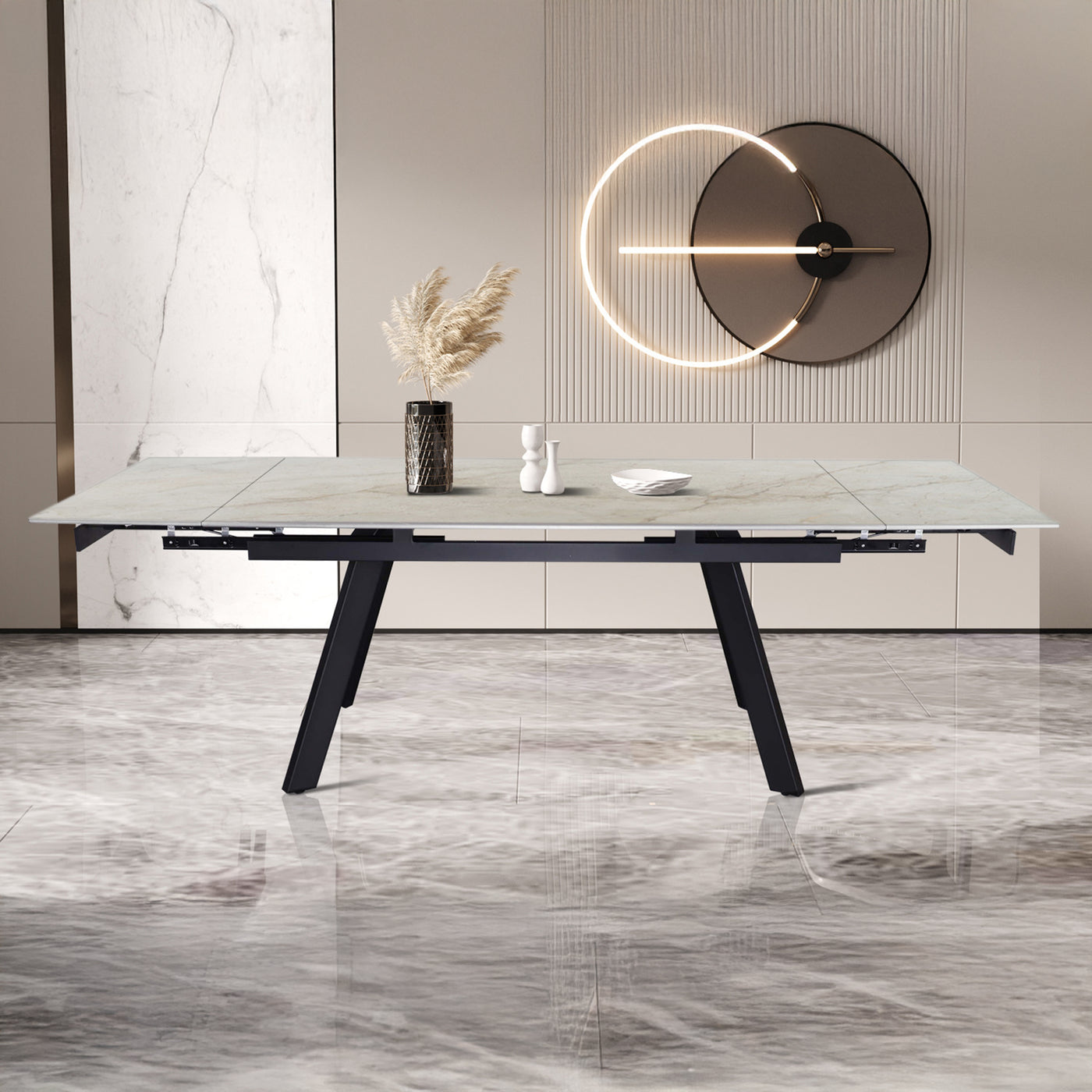 HERA Table extensible en pierre frittée beige pieds en métal noir 160-240 cm