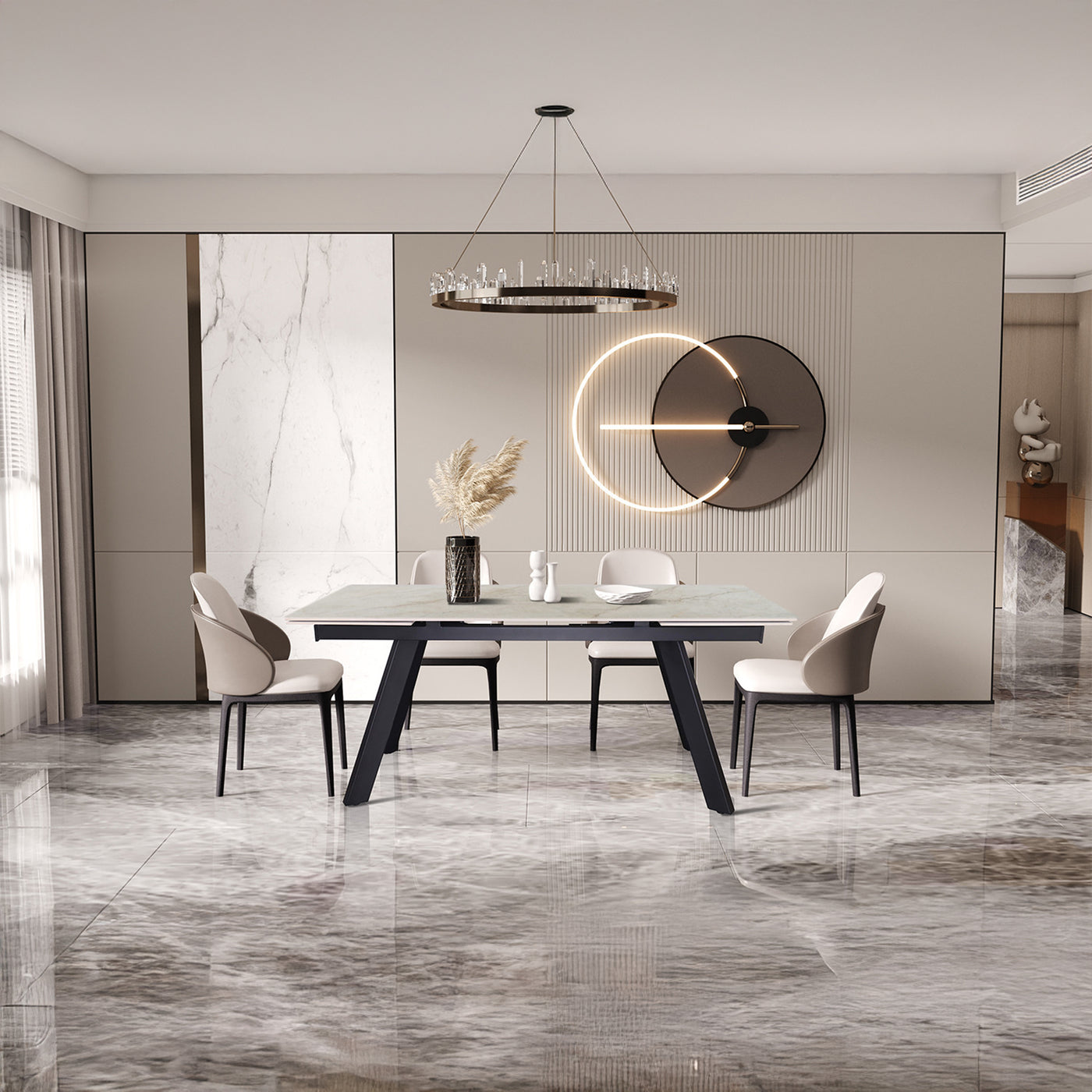 HERA Table extensible en pierre frittée beige pieds en métal noir 160-240 cm