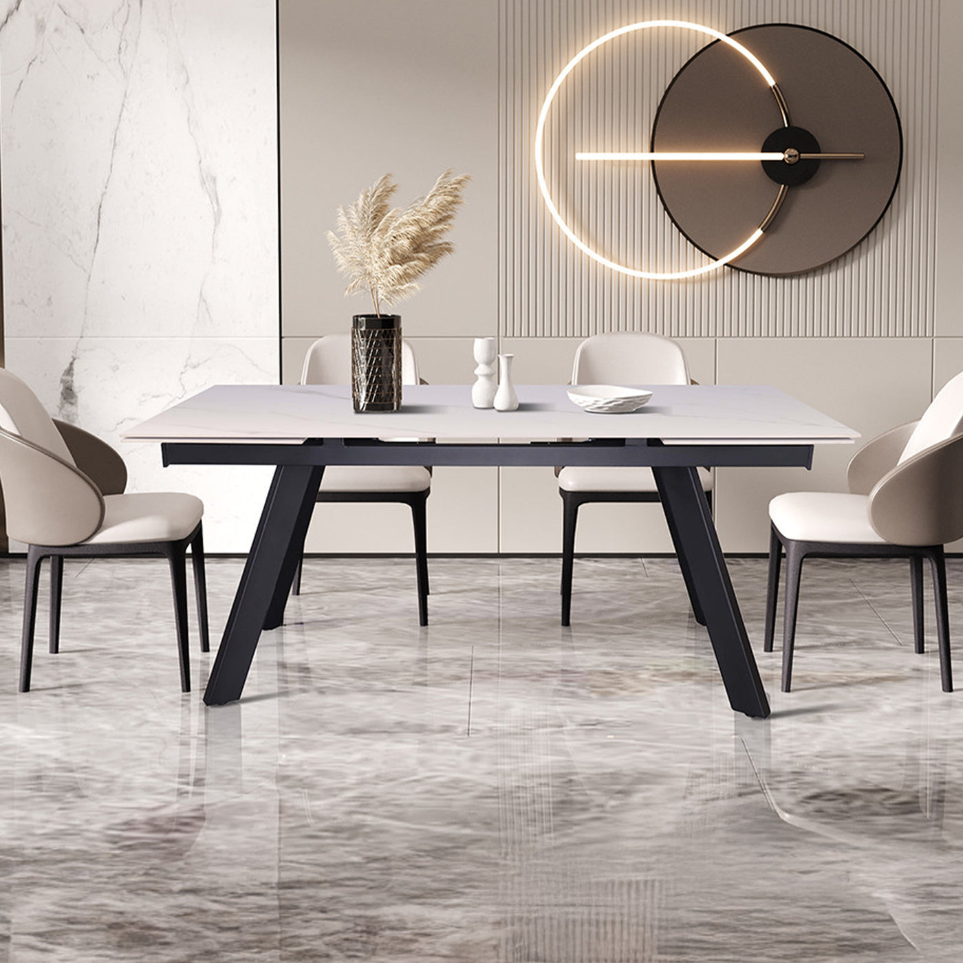 HERA Table extensible en pierre frittée blanc pieds en métal noir 160-240 cm