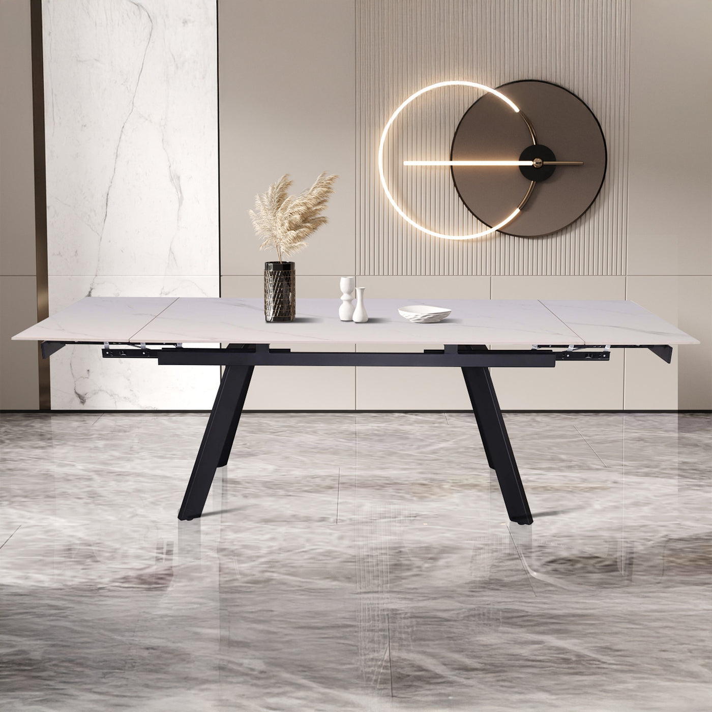 HERA Table extensible en pierre frittée blanc pieds en métal noir 160-240 cm