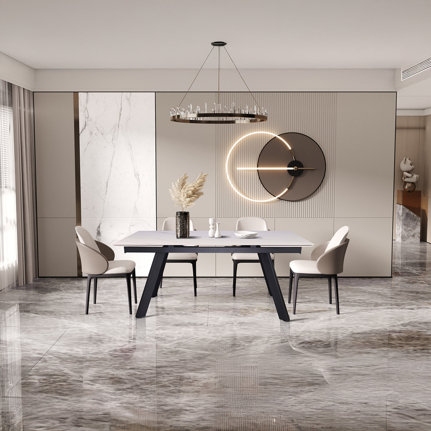 HERA Table extensible en pierre frittée blanc pieds en métal noir 160-240 cm