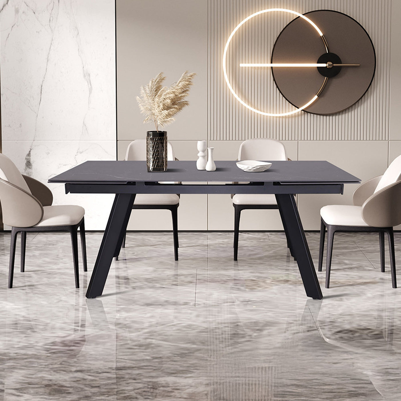 HERA Table extensible en pierre frittée noir pieds en métal noir 160-240 cm - Table à manger - Mobilier Deco