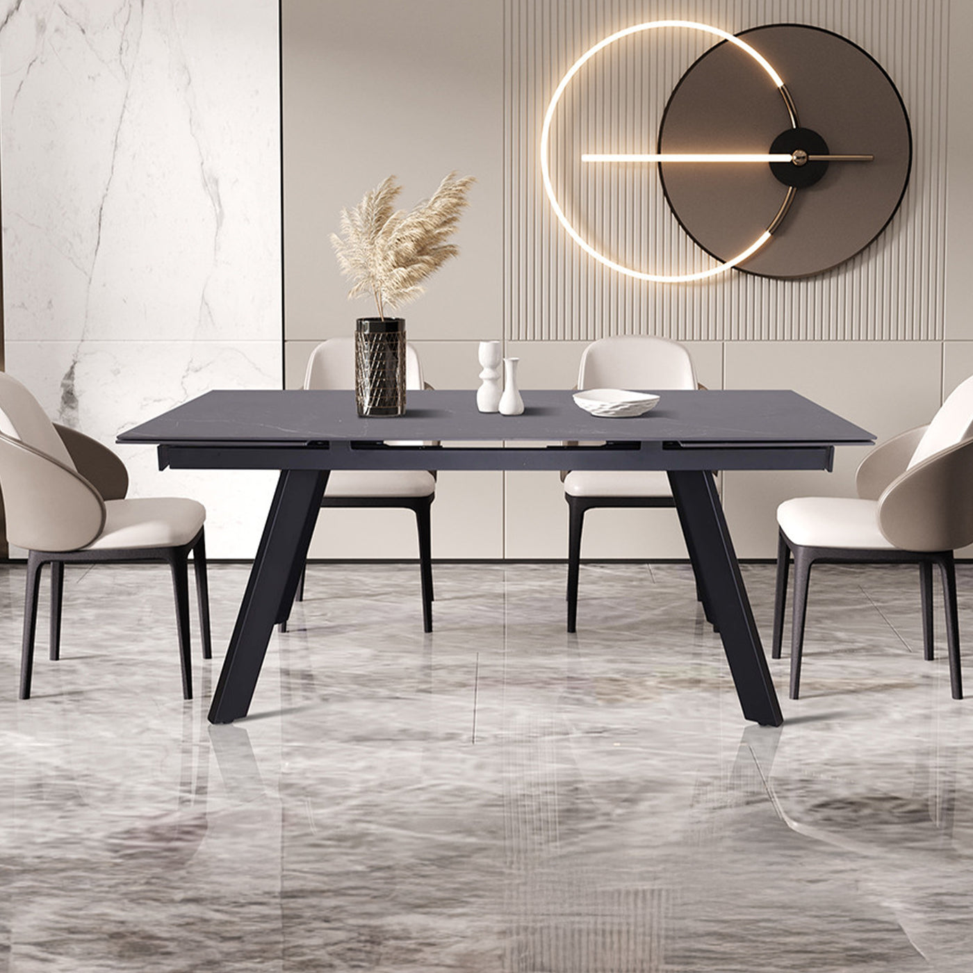 HERA Table extensible en pierre frittée noir pieds en métal noir 160-240 cm