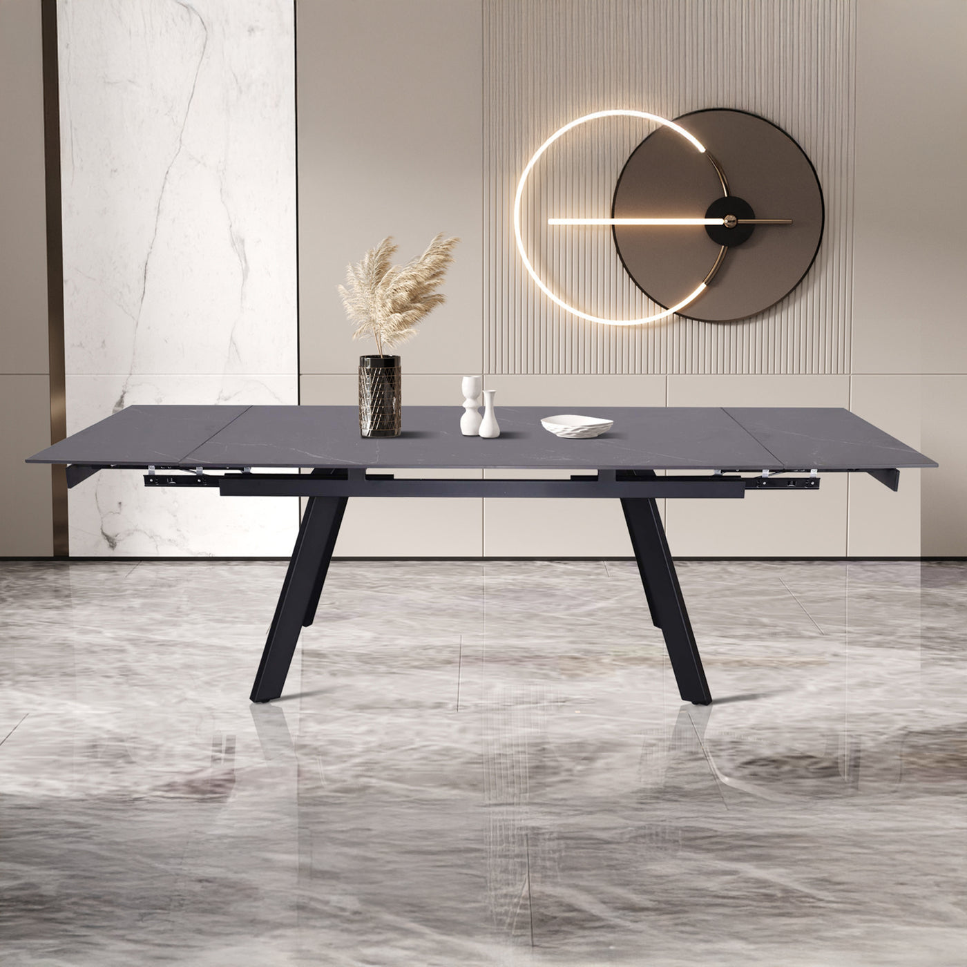 HERA Table extensible en pierre frittée noir pieds en métal noir 160-240 cm