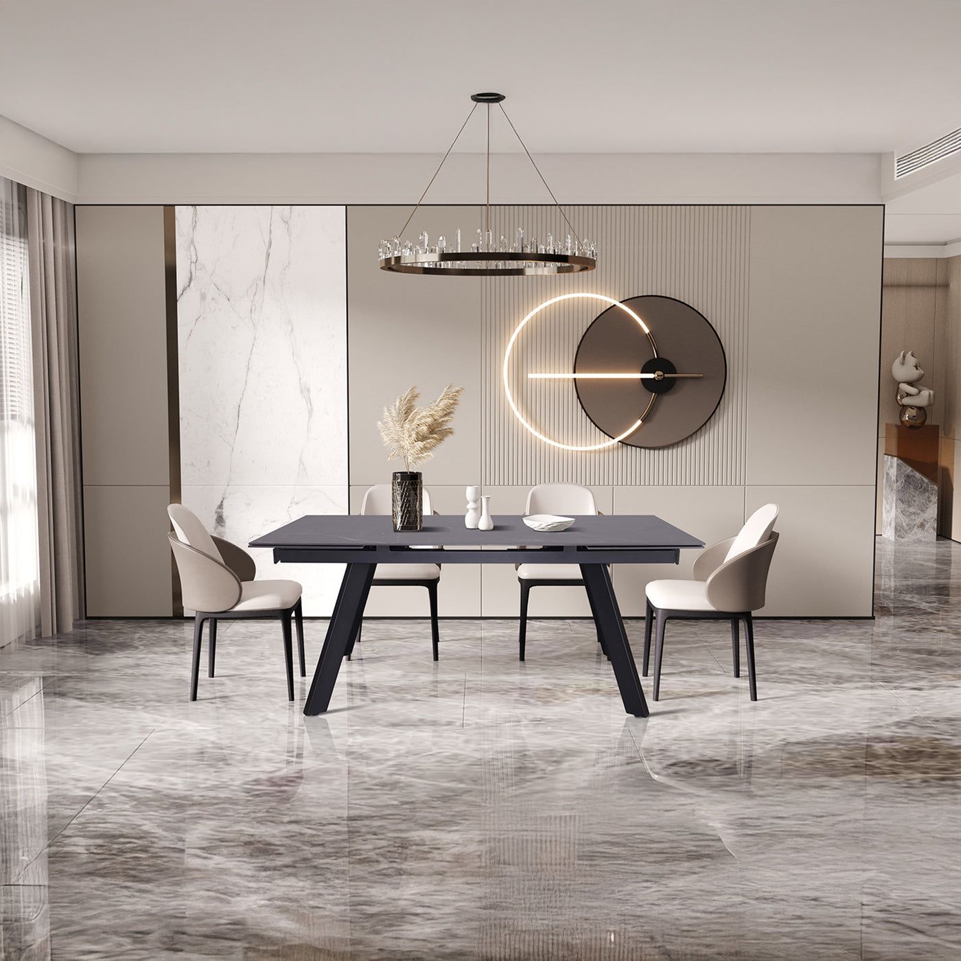 HERA Table extensible en pierre frittée noir pieds en métal noir 160-240 cm