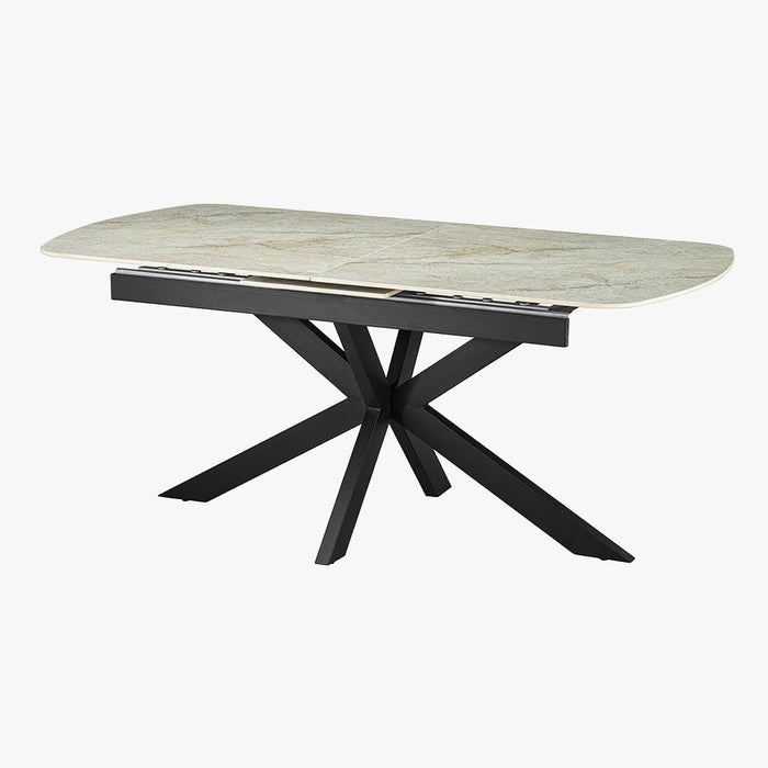 HESTIA Table extensible rectangulaire en pierre frittée beige pieds en métal noir 180-220 cm