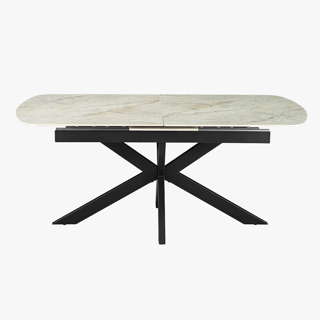 HESTIA Table extensible rectangulaire en pierre frittée beige pieds en métal noir 180-220 cm - Table à manger - Mobilier Deco
