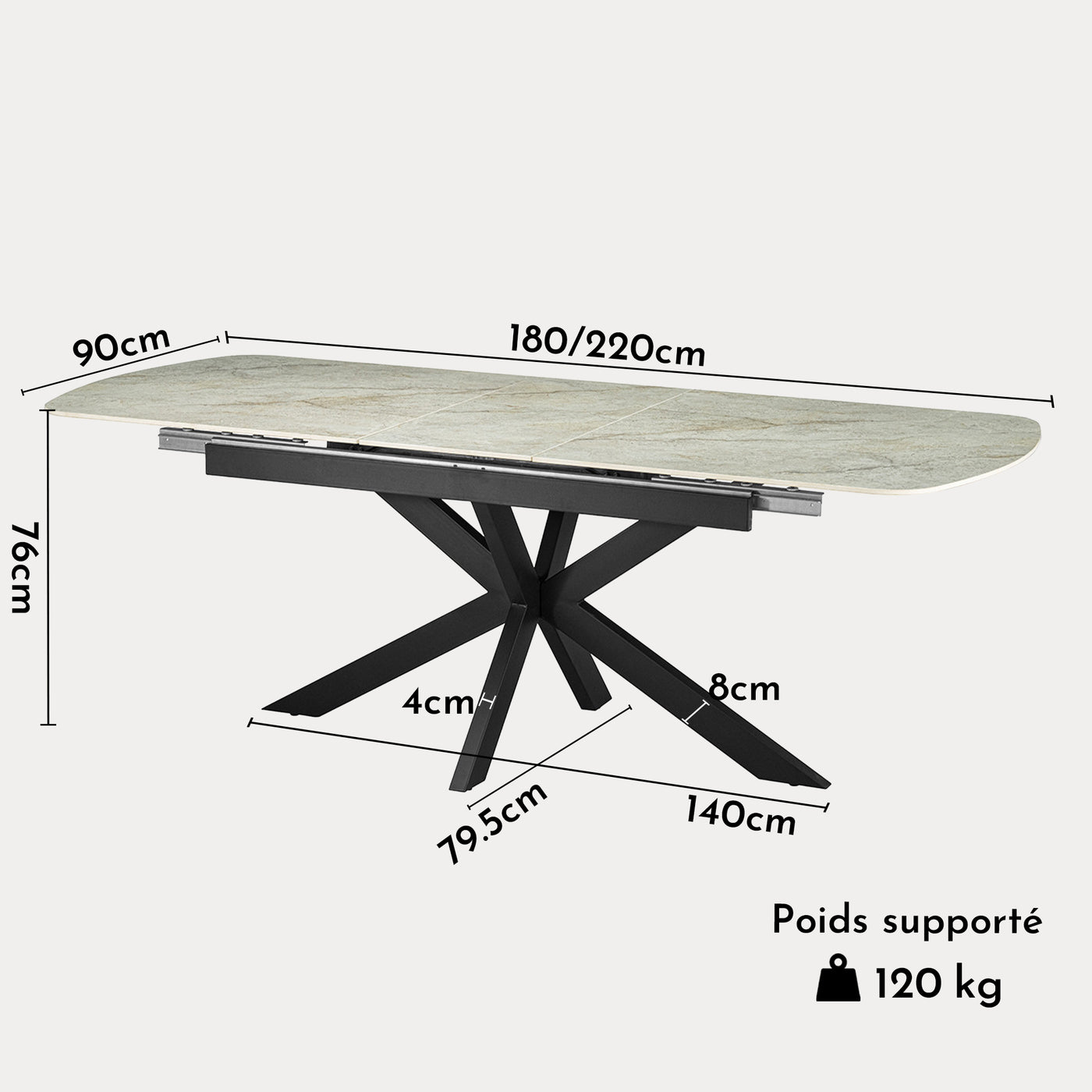 HESTIA Table extensible rectangulaire en pierre frittée beige pieds en métal noir 180-220 cm