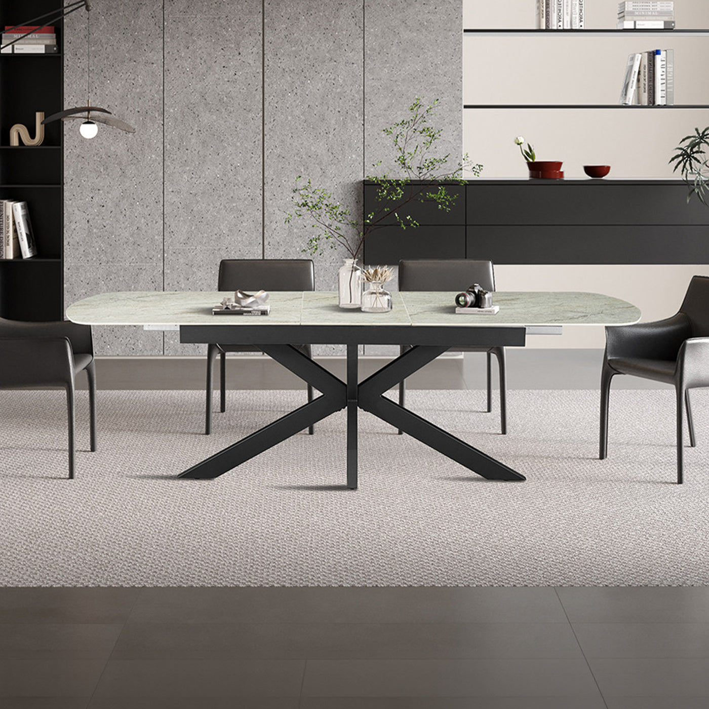 HESTIA Table extensible rectangulaire en pierre frittée beige pieds en métal noir 180-220 cm