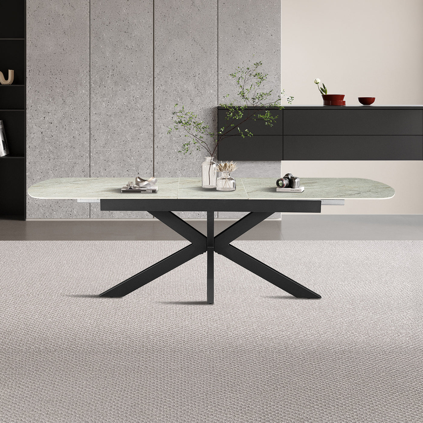 HESTIA Table extensible rectangulaire en pierre frittée beige pieds en métal noir 180-220 cm