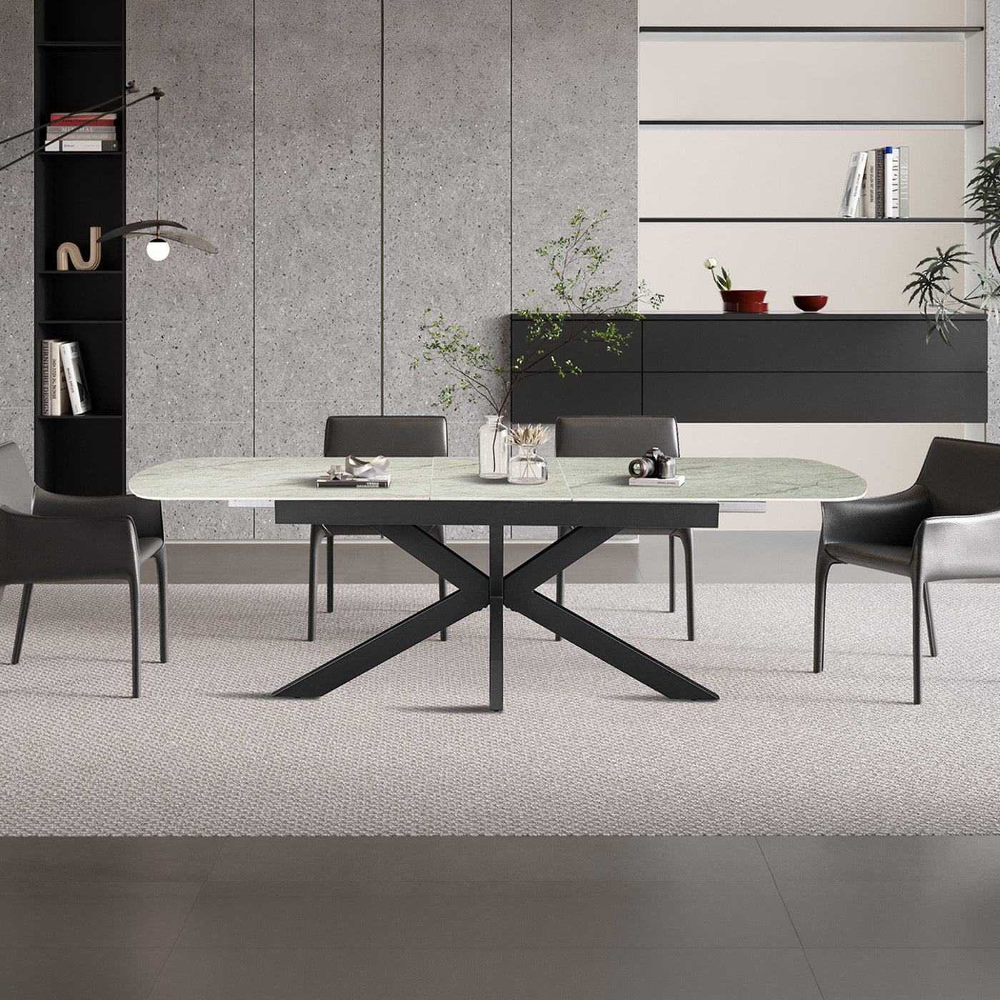 HESTIA Table extensible rectangulaire en pierre frittée beige pieds en métal noir 180-220 cm