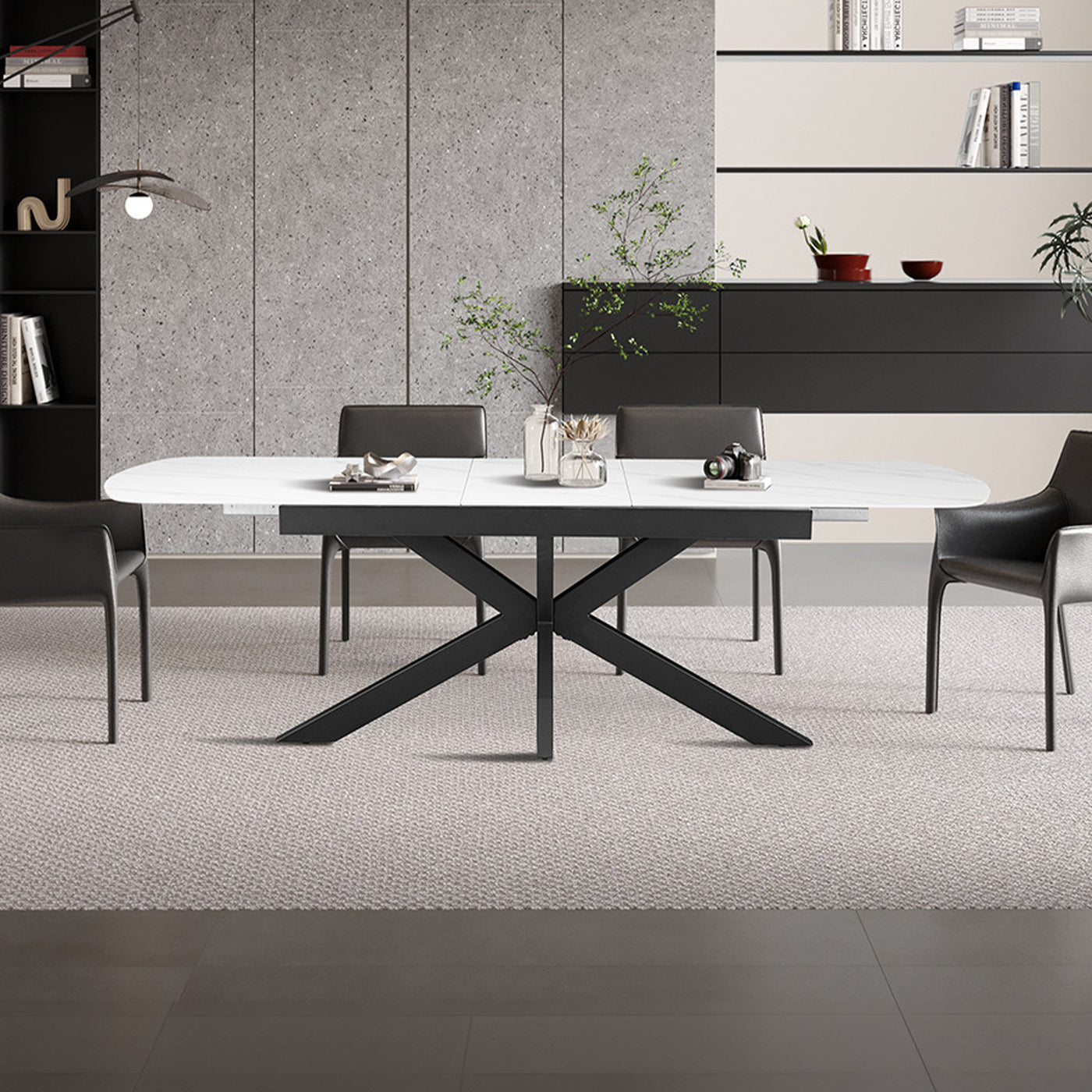 HESTIA Table extensible rectangulaire en pierre frittée blanc pieds en métal noir 180-220 cm