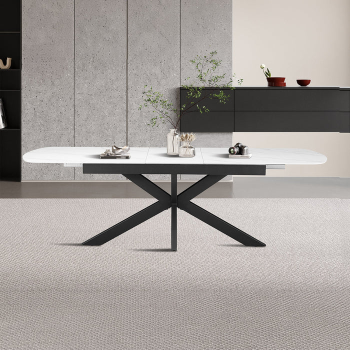 HESTIA Table extensible rectangulaire en pierre frittée blanc pieds en métal noir 180-220 cm