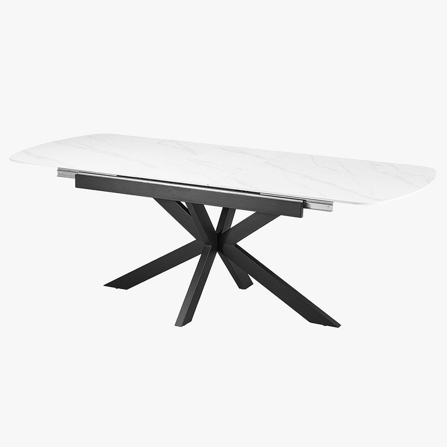 HESTIA Table extensible rectangulaire en pierre frittée blanc pieds en métal noir 180-220 cm — aperçu vidéo