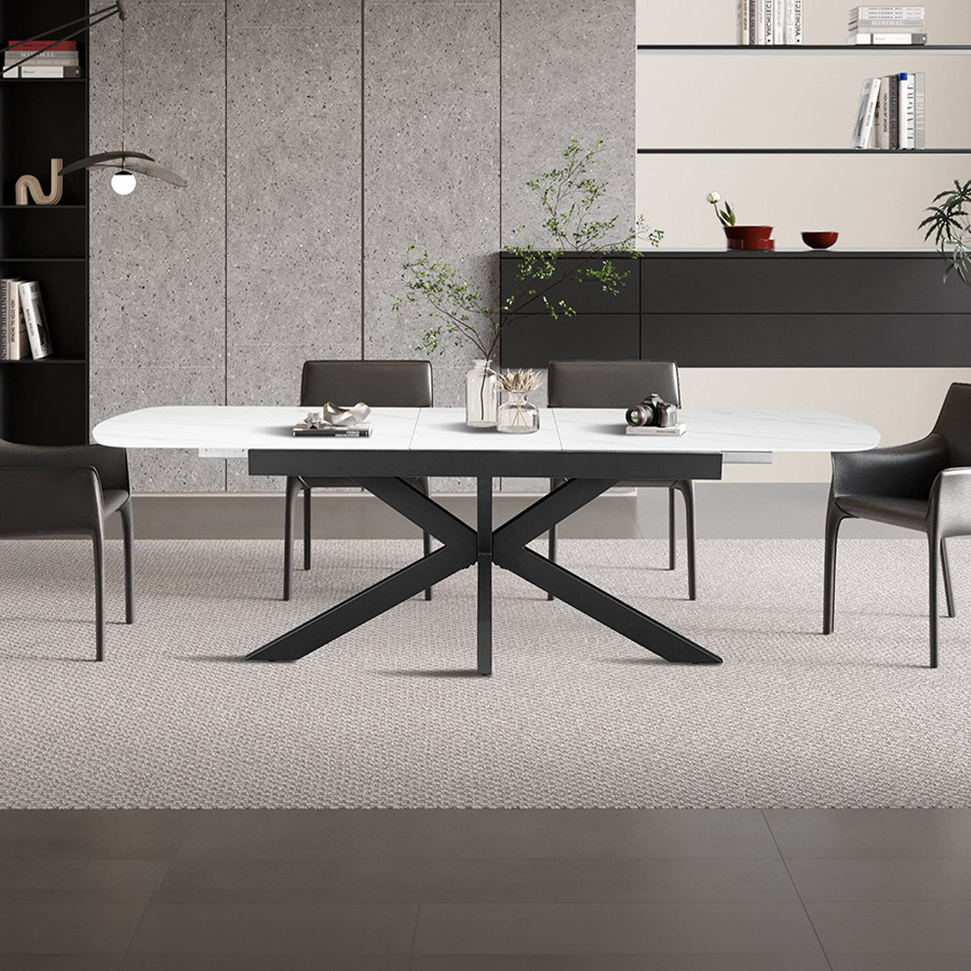 HESTIA Table extensible rectangulaire en pierre frittée blanc pieds en métal noir 180-220 cm - Table à manger - Mobilier Deco