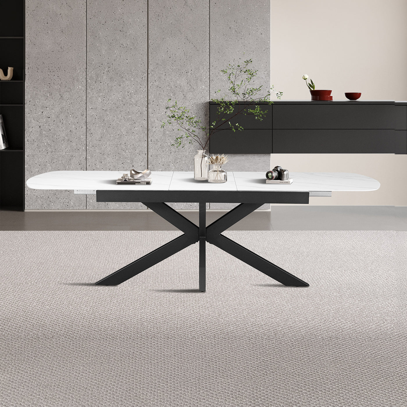 HESTIA Table extensible rectangulaire en pierre frittée blanc pieds en métal noir 180-220 cm