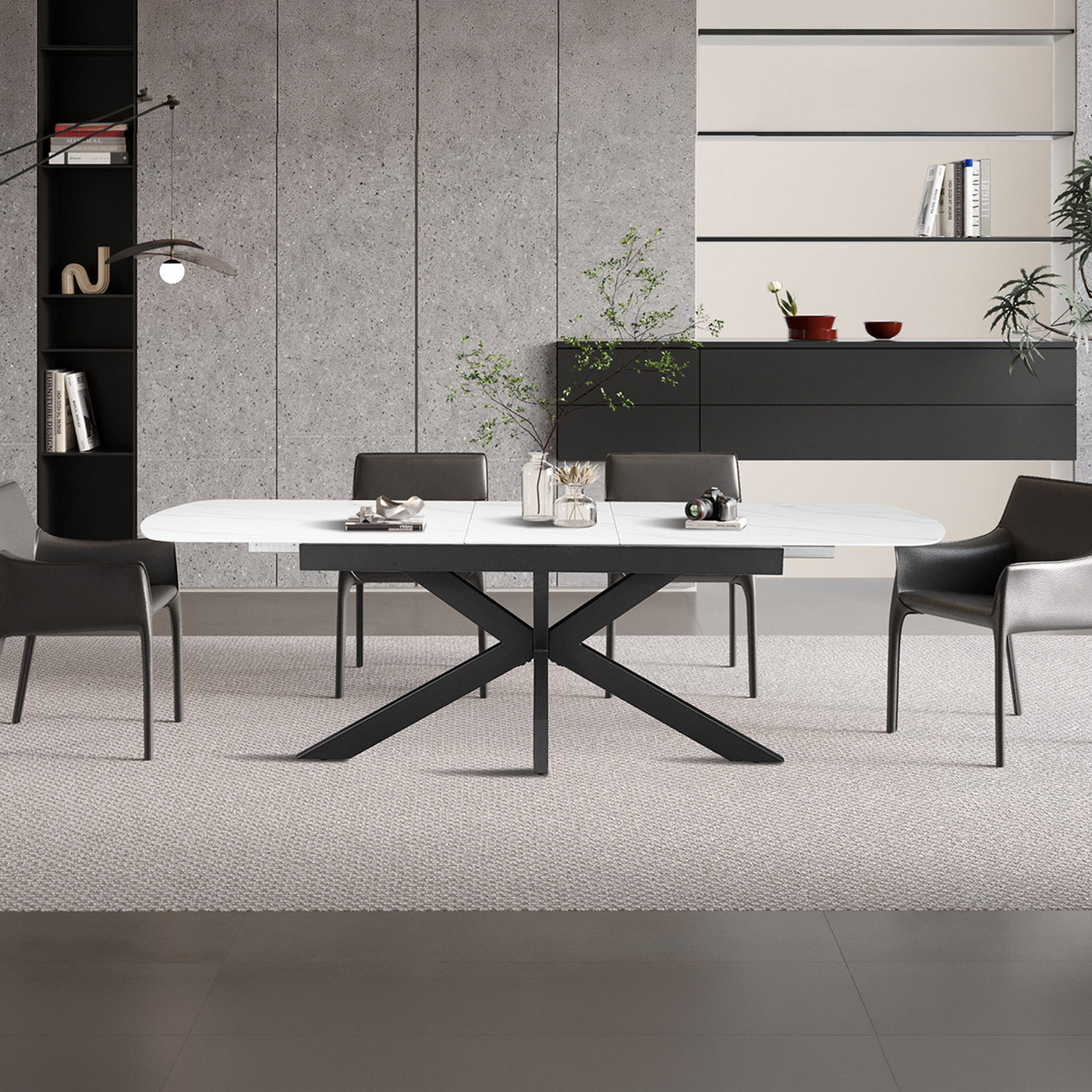 HESTIA Table extensible rectangulaire en pierre frittée blanc pieds en métal noir 180-220 cm