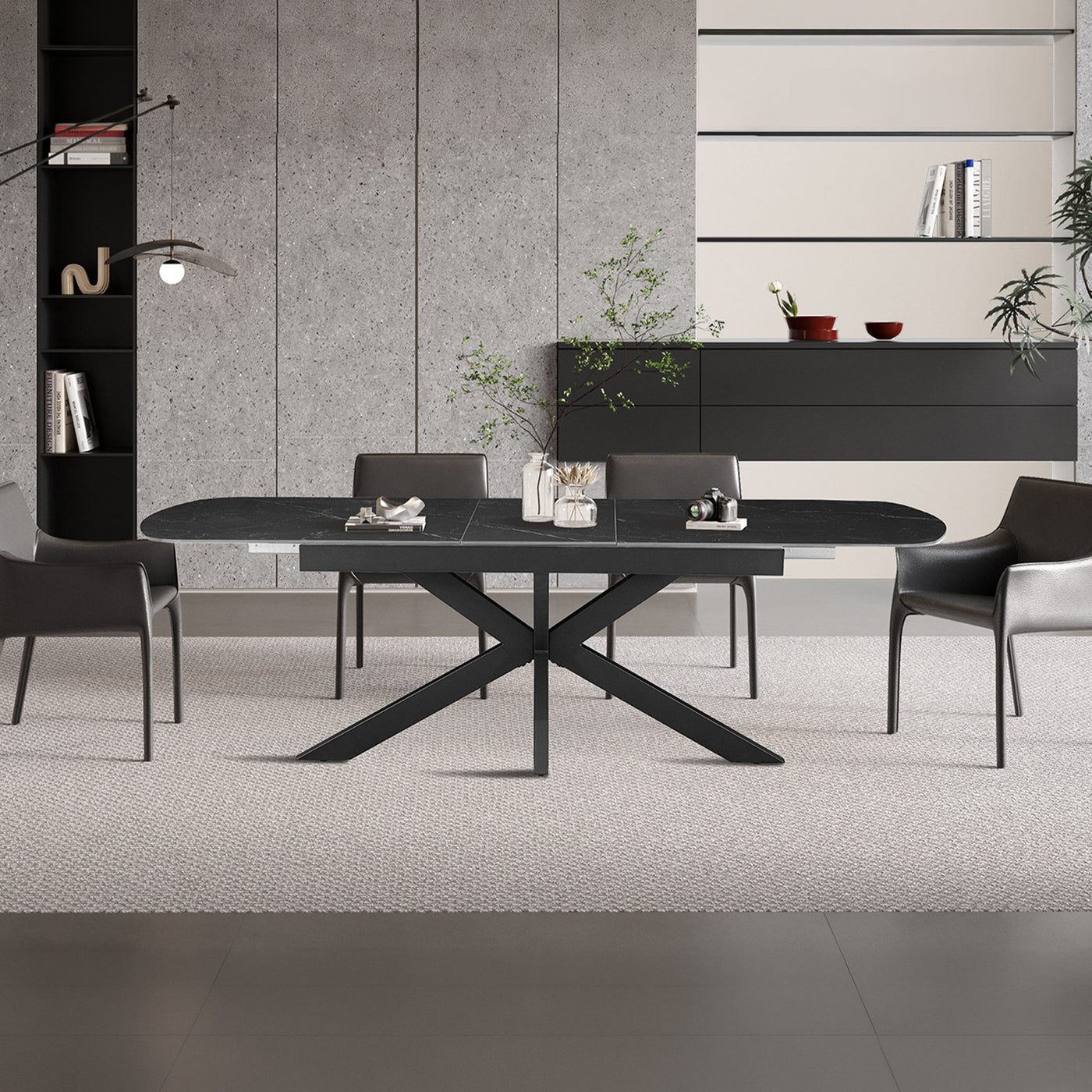 HESTIA Table extensible rectangulaire en pierre frittée noir pieds en métal noir 180-220 cm - Table à manger - Mobilier Deco