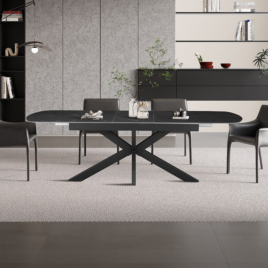 HESTIA Table extensible rectangulaire en pierre frittée noir pieds en métal noir 180-220 cm — aperçu vidéo