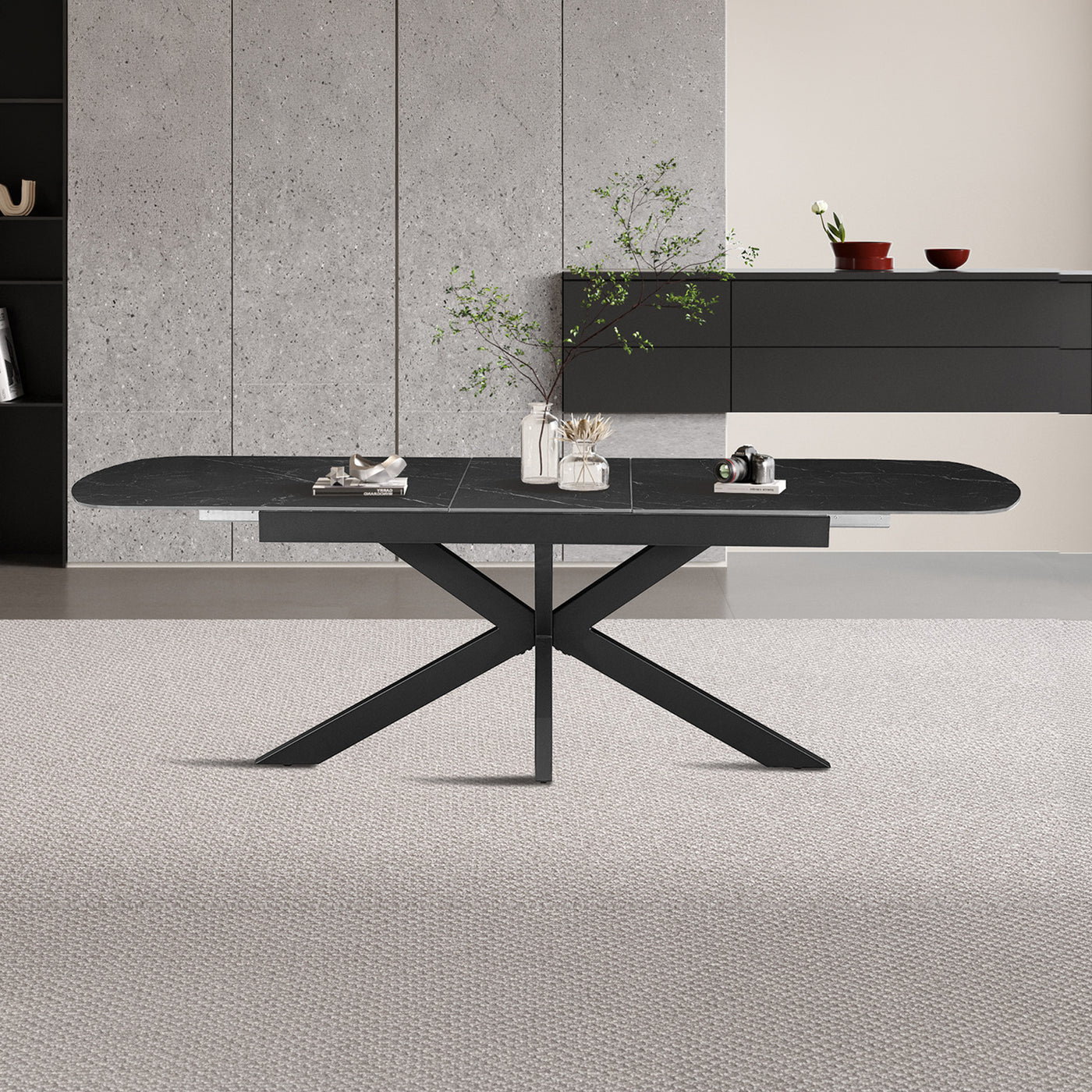 HESTIA Table extensible rectangulaire en pierre frittée noir pieds en métal noir 180-220 cm
