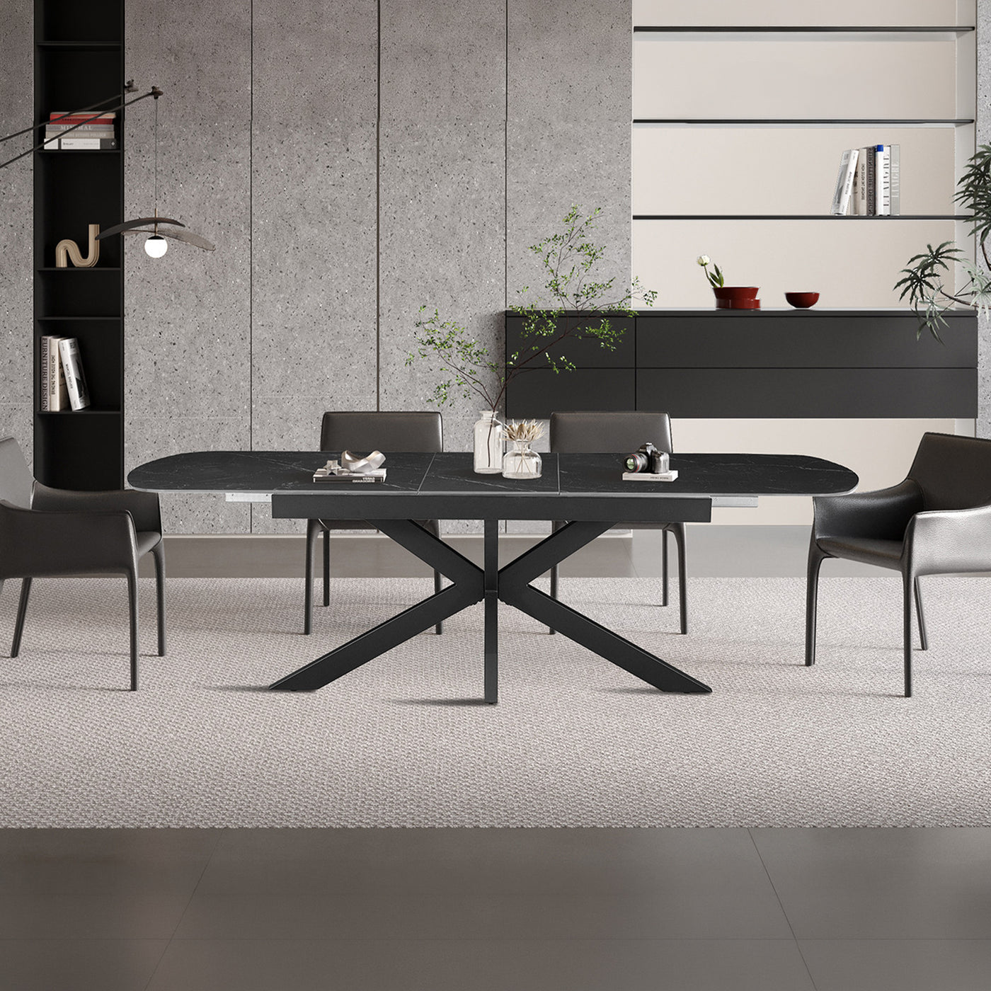HESTIA Table extensible rectangulaire en pierre frittée noir pieds en métal noir 180-220 cm