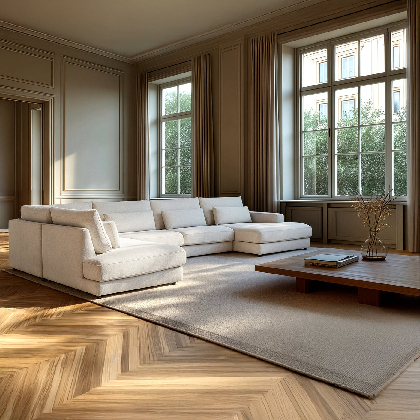 HILONA U Canapé panoramique tissu beige - Angle droit - Canapés panoramiques - Mobilier Deco