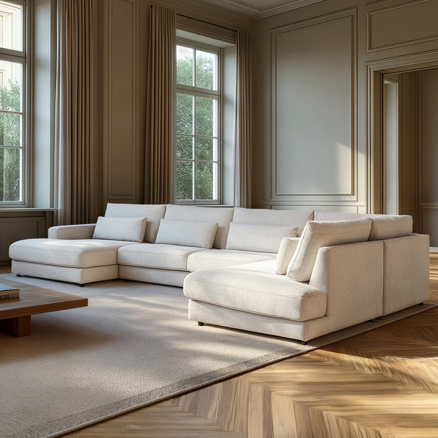 HILONA U Canapé panoramique tissu beige - Angle gauche