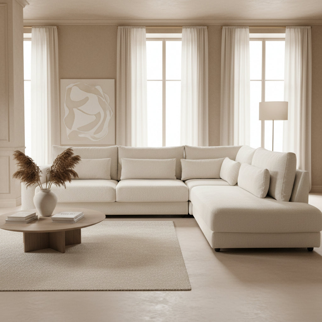 HILONA XL Canapé d'angle en tissu beige - Angle droit