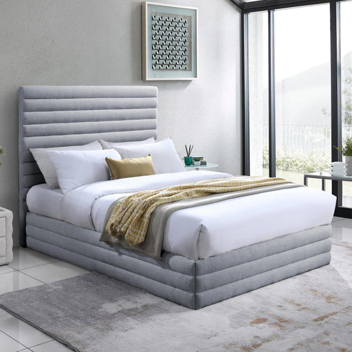 INDIRA Lit double en tissu chiné gris 140x190 cm