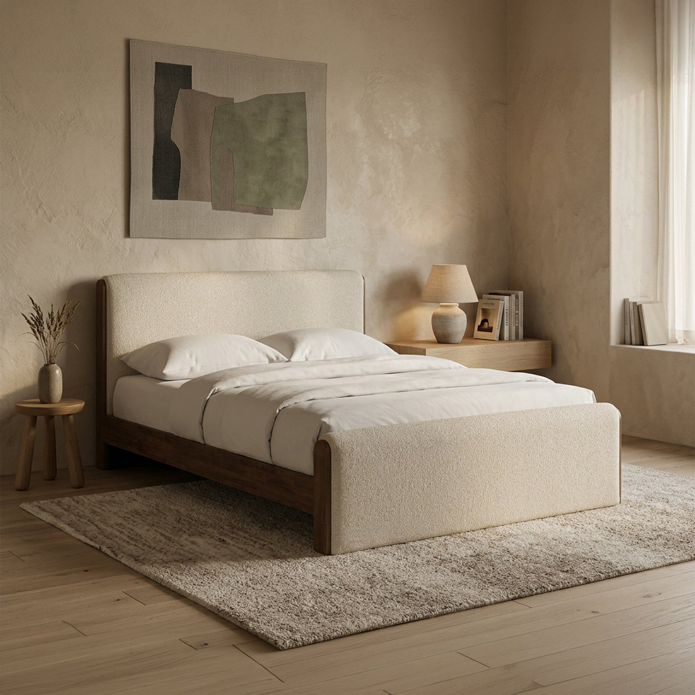 IREL Lit double en tissu beige et bois foncé 140x190 cm - Lits - Mobilier Deco