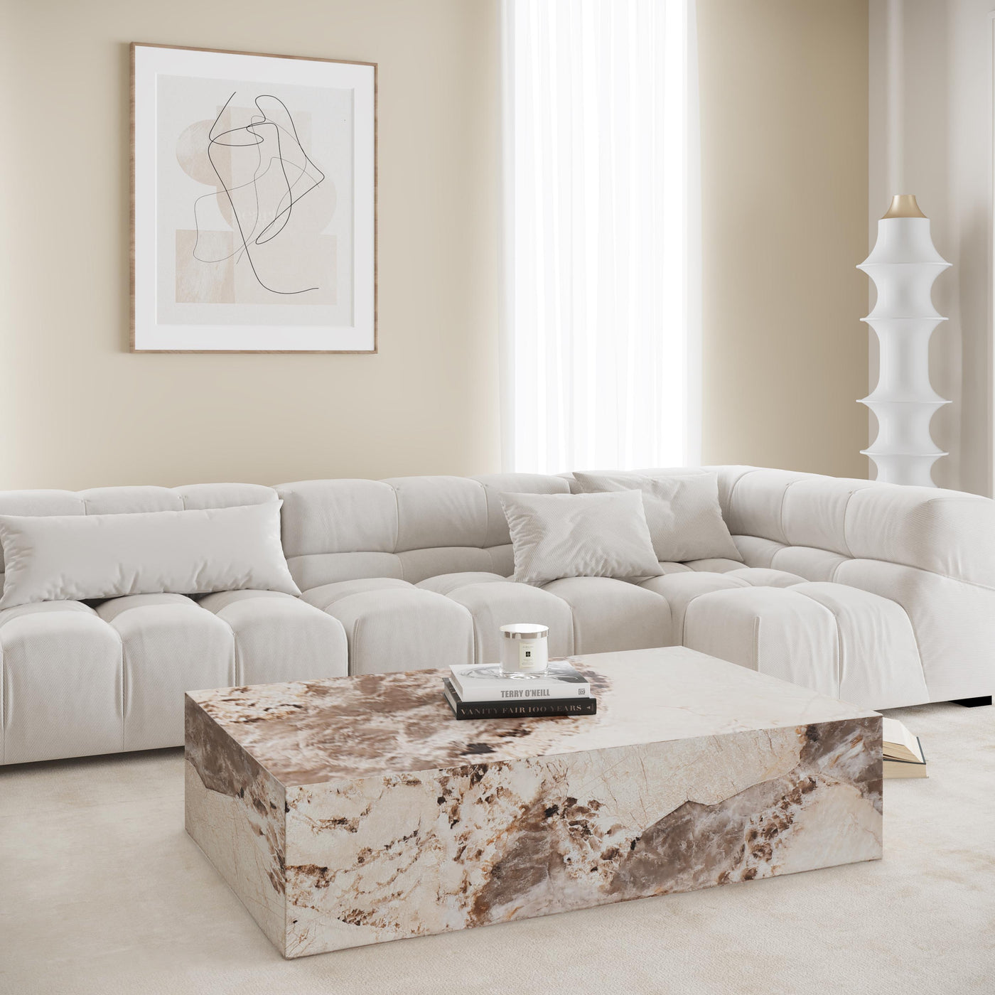 ISBEL Table basse rectangulaire marbre d'ingénierie beige et marron