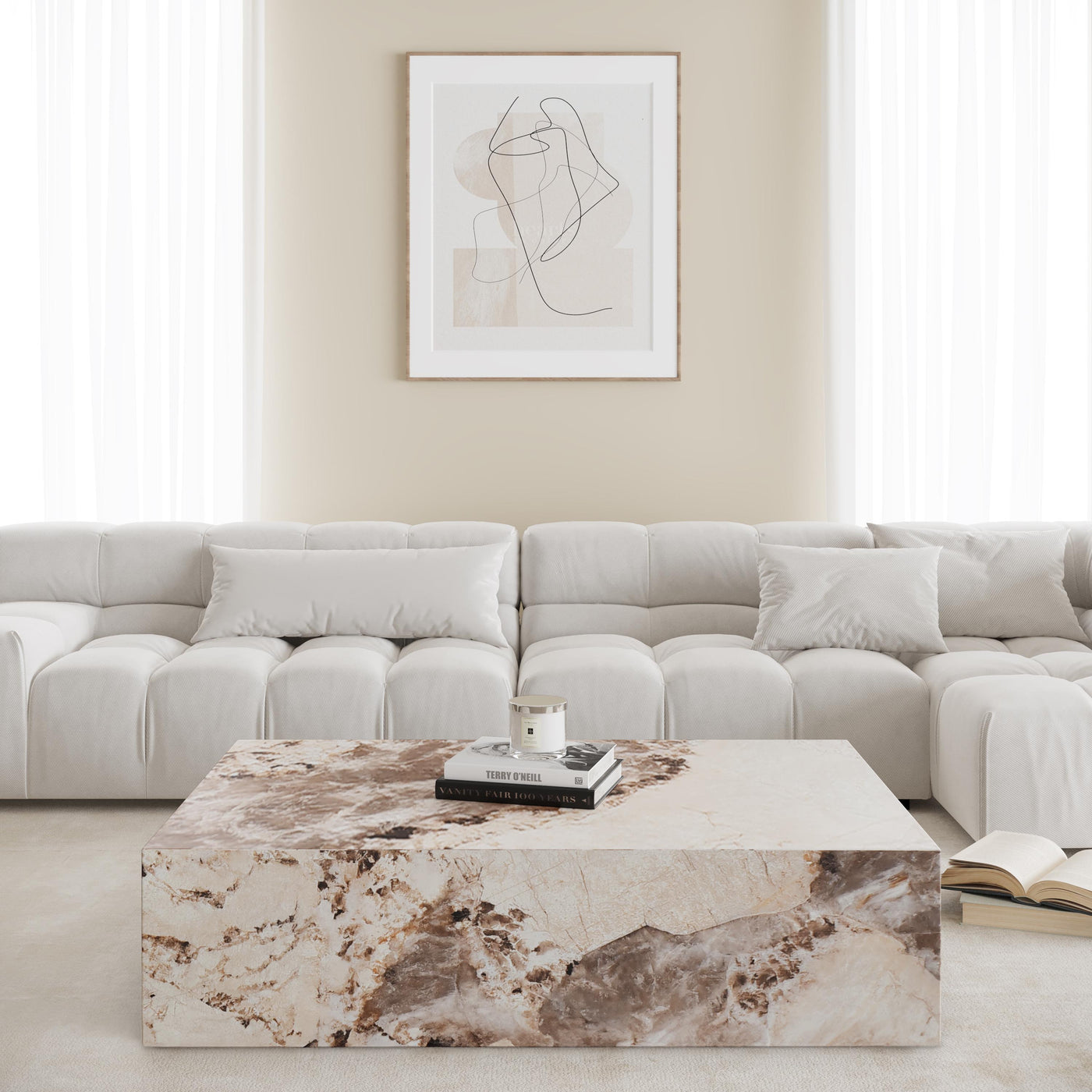 ISBEL Table basse rectangulaire marbre d'ingénierie beige et marron