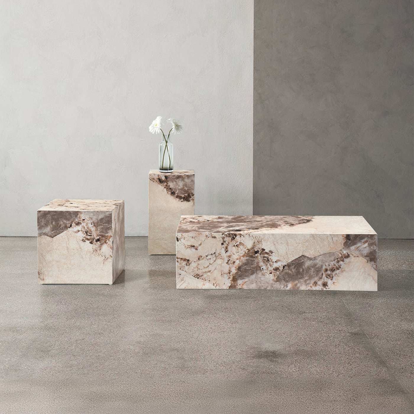 ISBEL Table basse rectangulaire marbre d'ingénierie beige et marron