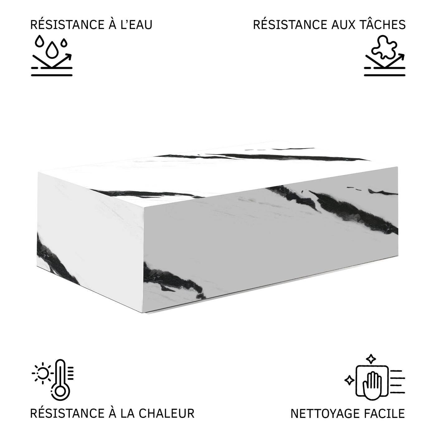 ISBEL Table basse rectangulaire marbre d'ingénierie blanc et noir