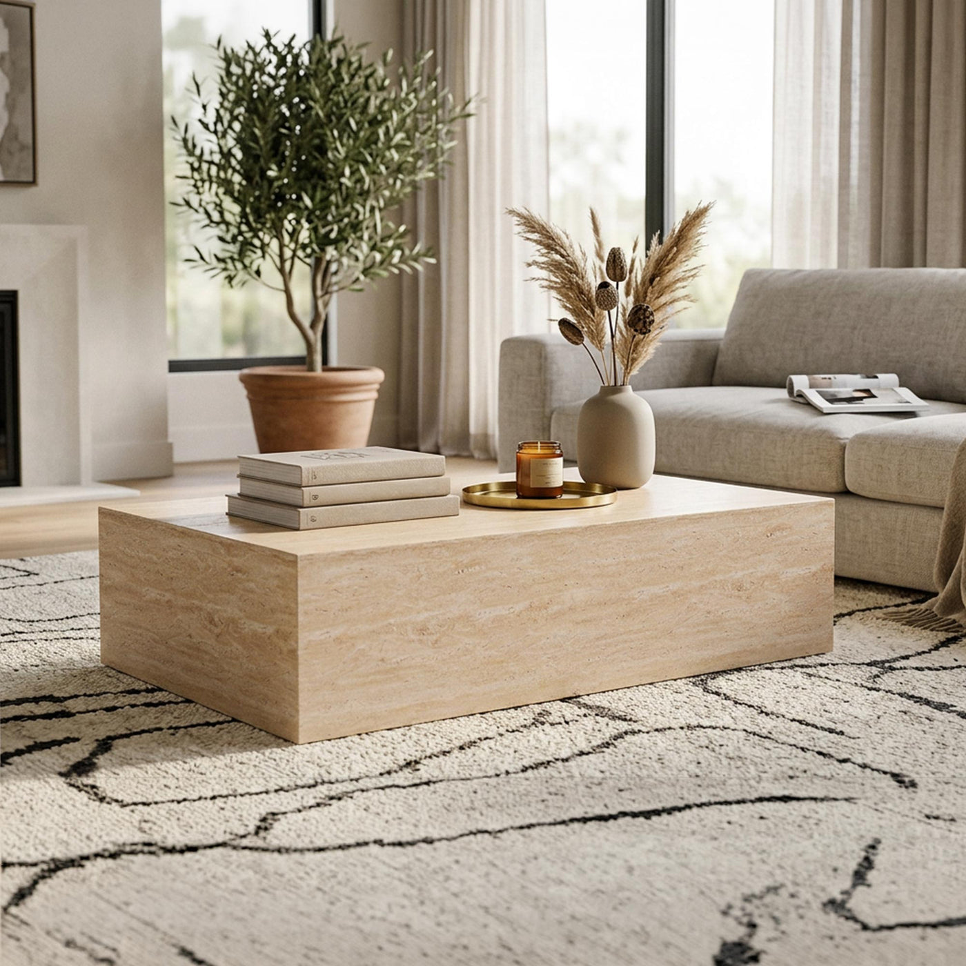 ISBEL Table basse rectangulaire marbre d'ingénierie couleur travertin