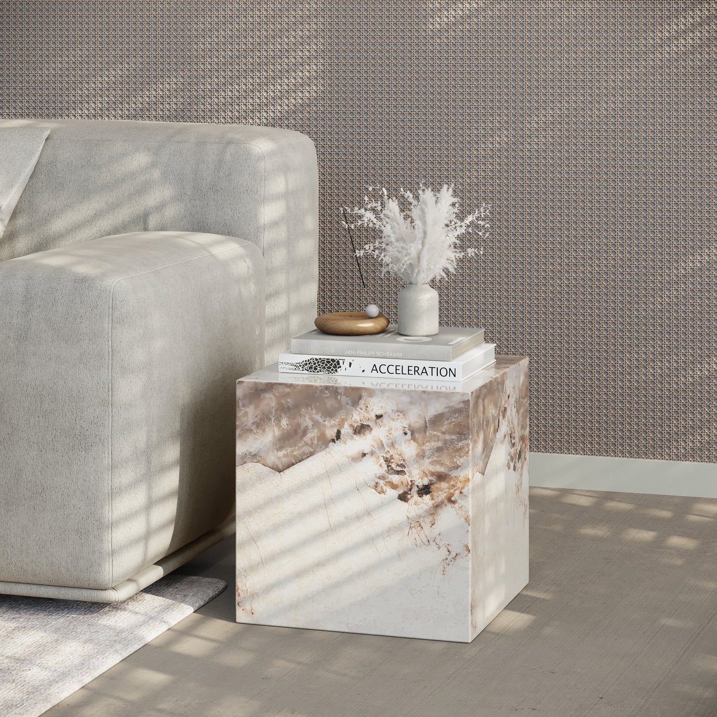 JASMIA Table basse carré marbre d'ingénierie beige et marron