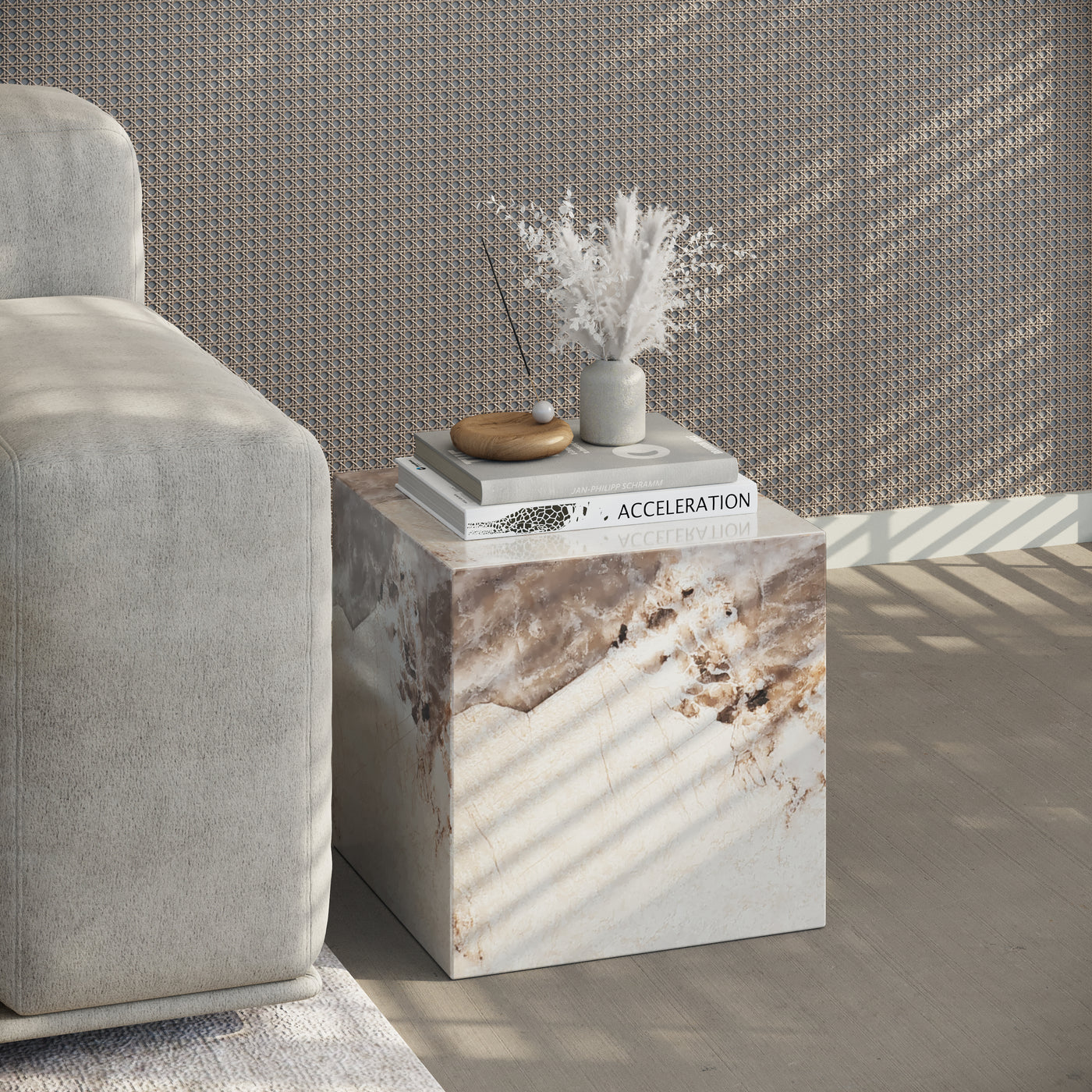 JASMIA Table basse carré marbre d'ingénierie beige et marron