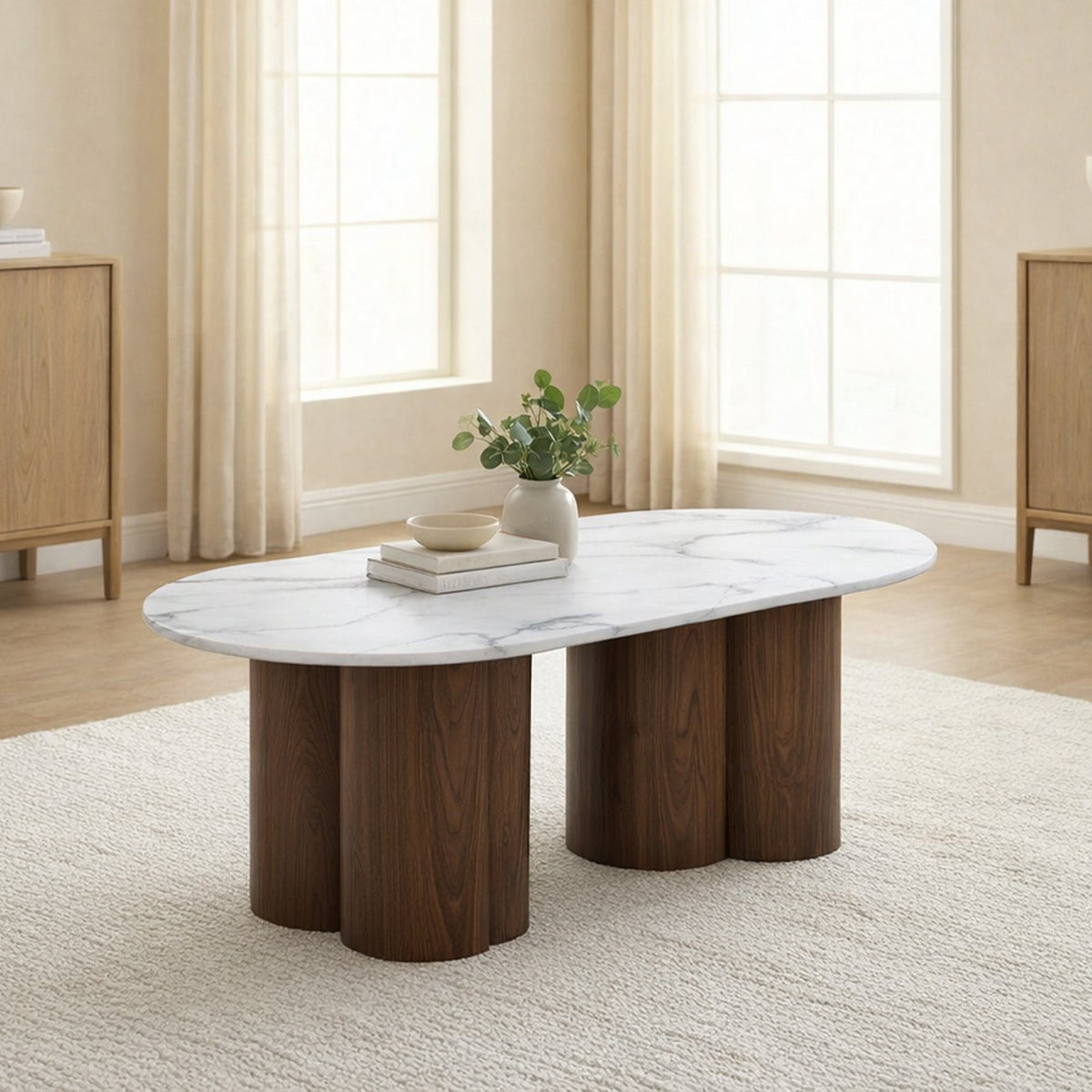 JASMINA Table basse ovale en marbre composite pieds couleur bois foncé 120 cm - Table basse - Mobilier Deco