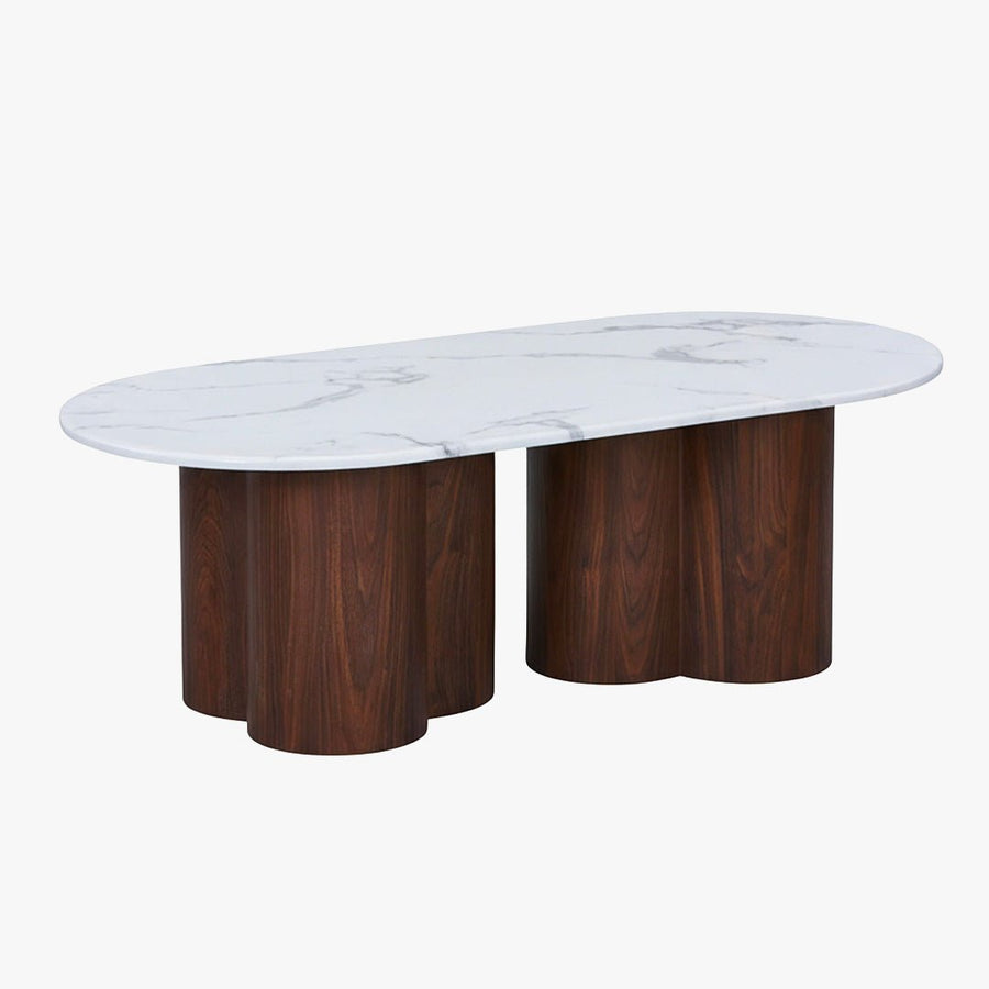 JASMINA Table basse ovale en marbre composite pieds couleur bois foncé 120 cm — aperçu vidéo
