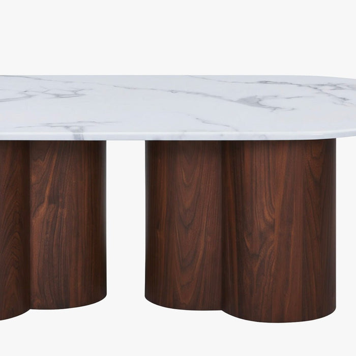 JASMINA Table basse ovale en marbre composite pieds couleur bois foncé 120 cm