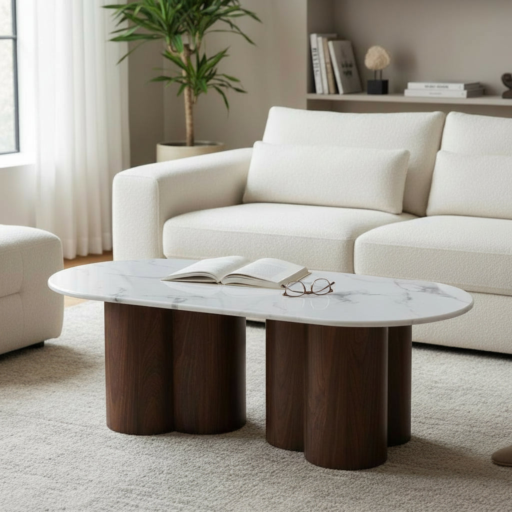JASMINA Table basse ovale en marbre composite pieds couleur bois foncé 120 cm