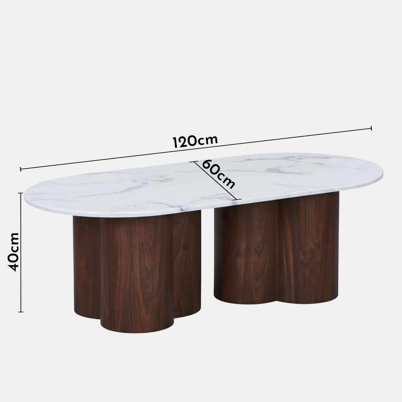 JASMINA Table basse ovale en marbre composite pieds couleur bois foncé 120 cm
