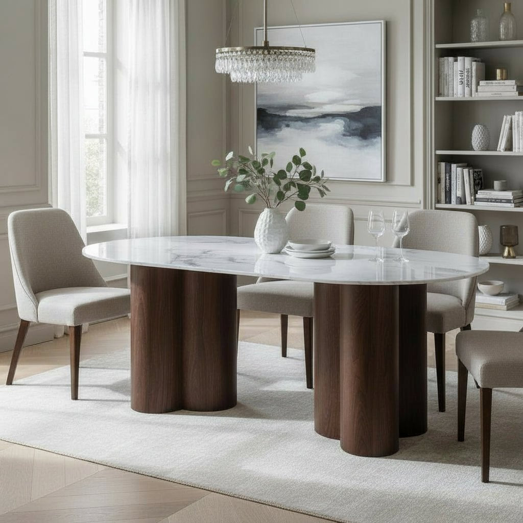 JASMINA XL Table à manger ovale en marbre composite pieds couleur bois foncé 180 cm - Table à manger - Mobilier Deco
