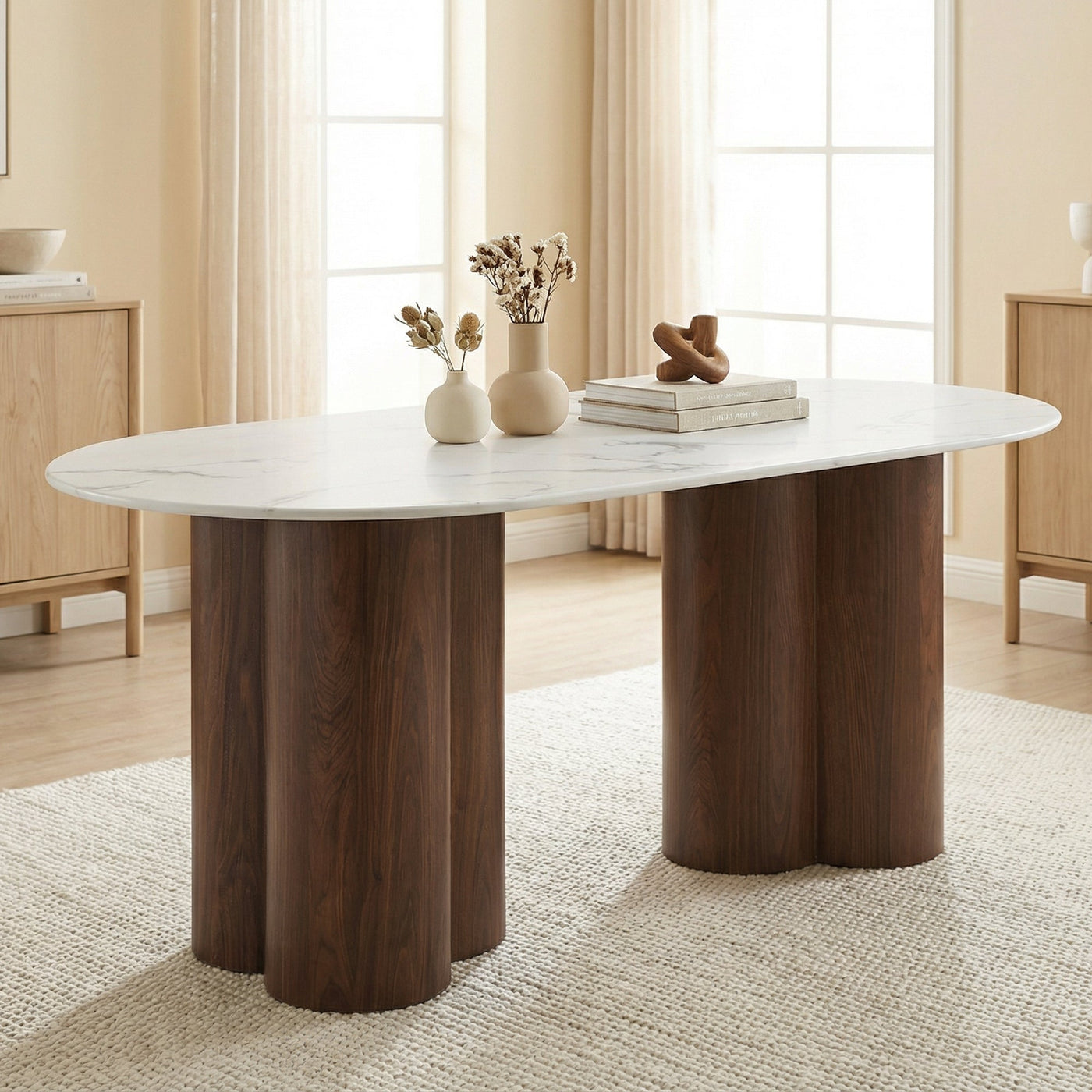 JASMINA XL Table à manger ovale en marbre composite pieds couleur bois foncé 180 cm - Table à manger - Mobilier Deco